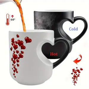 1pc Heart-Shaped Color Changing Ceramic Mug - Hot/Cold Thermochromic Design, Red Heart Pattern, Reusable Coffee Cup for Valentine'S Day, Christmas, Birthdays - Perfect Gift for Holidays & Special Occasions, Coffee Bar Accessories, Festive Drinkware, Roman