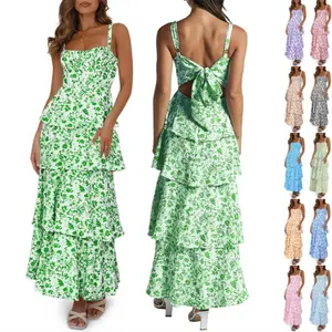 PASLTER New Womens Floral Maxi Dresses Spaghetti Strap Casual Sleeveless Ruffle Flowy Tiered Dress Comfort Fit RT1055