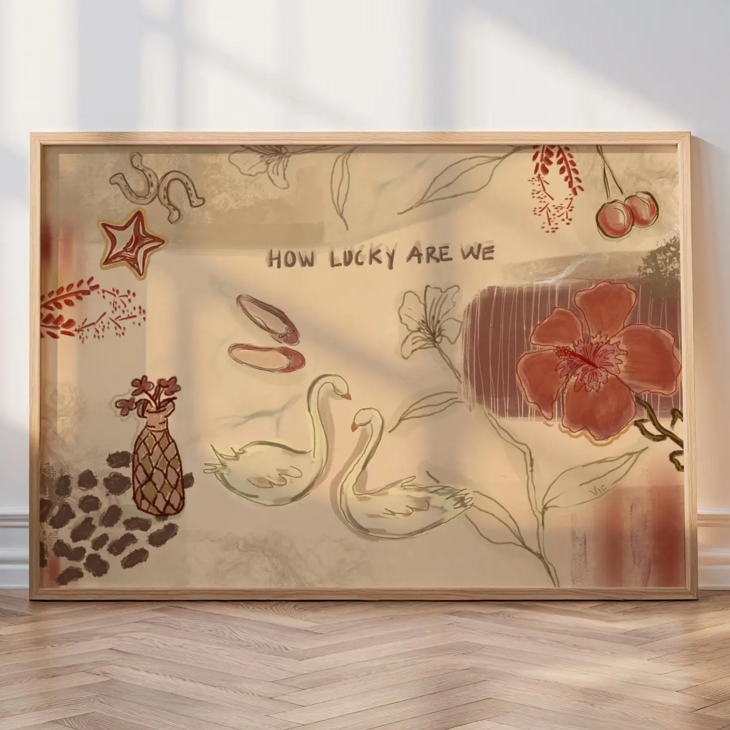How Lucky Are We- Vintage Beige and Red Poster, Swan Art, Lucky Girl Aesthetic