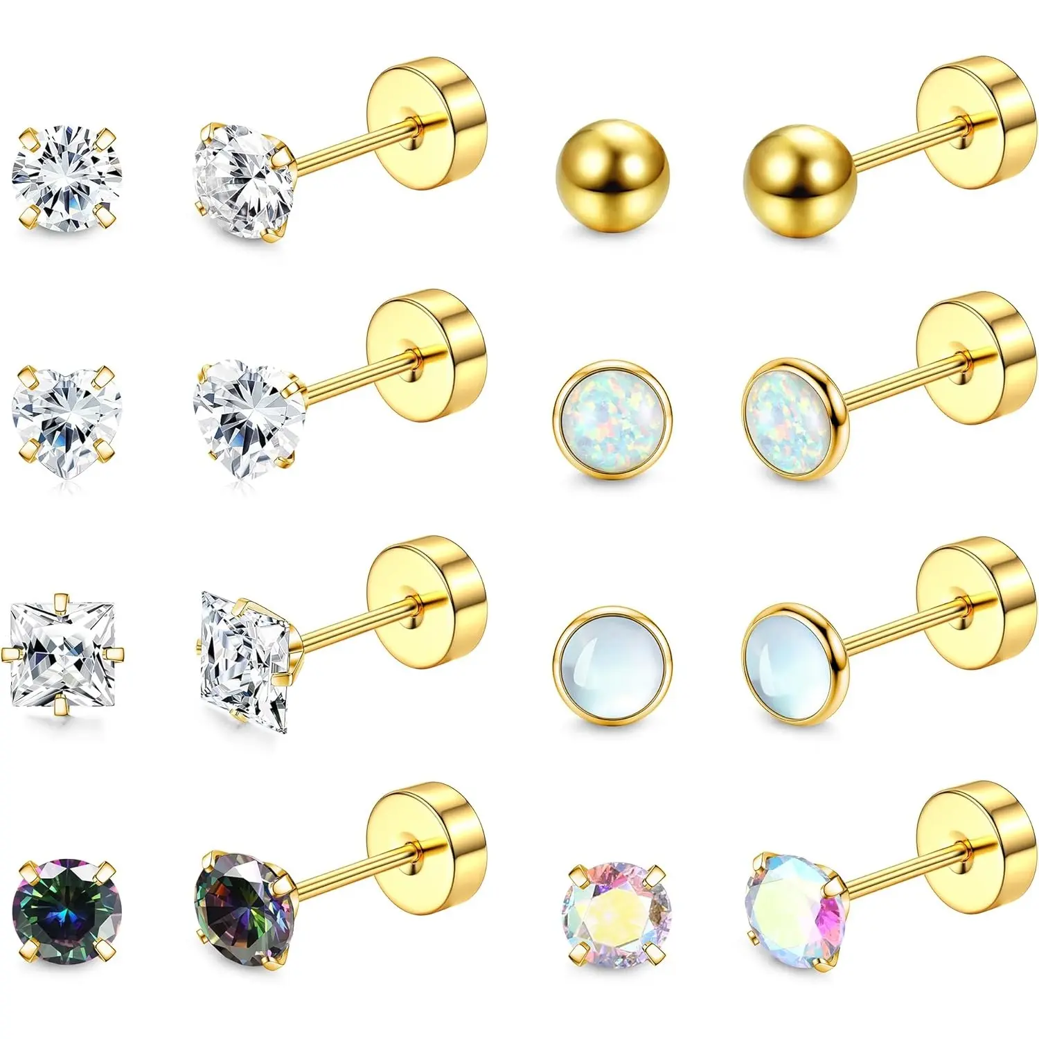 FIBO STEEL 8 Pairs 316L Surgical Steel Earrings for Women Men 20G 8Pairs Flat Back Stud Earrings with CZ Opal Moonstone Ball Heart Designs Hypoallergenic Cartilage Piercing Jewelry