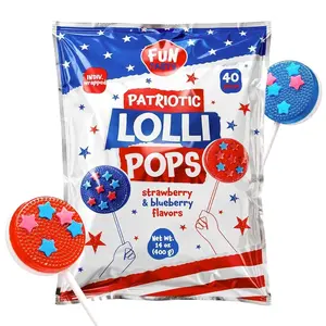 Patriotic Candy - 40 Count - 4th of July Lollipops Individually Wrapped - Red White and Blue Candy - Double-Sided Flat Lollipops - Strawberry & Blueberry Flavors