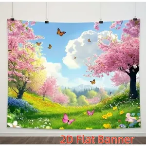 Summervibes 1PC,2D Flat Customize Backdrop Spring Cherry Blossom & Butterfly Themed Decorative Backdrop, Festival Party Decoration Backdrop, Romantic Natural Scenery Backdrop, Suitable for Birthday Party, Wedding, Banners, Polyester