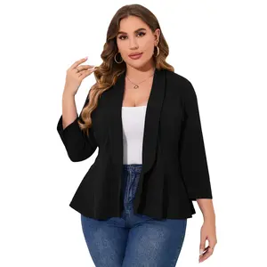 Women's Plus Size Open Front Peplum Blazer, 3/4 Sleeve Shawl Collar Jacket (95% Polyester 5% Spandex)