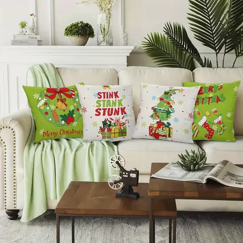 4pcs Festive Christmas Pillow Covers 18x18 Inch Sofa Cushion Covers with Holiday Designs (Wreath, Tree, Stockings, Merry Christmas) for Living Room, Bedroom Thanksgiving, Christmas, Anniversary, Birthday Gift, Christmas Decorative Pillows,Fabric Covers