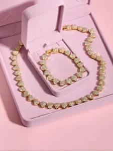 Punk Style Rhinestone Decor Heart Design Necklace & Bracelet, 2 Counts/set Luxury Trendy Chain Bracelet & Necklace, Glittering Hip Hop Jewelry for Men & Women