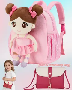 Toddler Backpack with Removable Ballerina Doll, Cute Plush Backpack for Girls, Adjustable Strap Kids Backpack with Side Pockets for Water Bottle Umbrella, 3 Compartments, Bonus Small Crossbody Bag Purse for Preschool Kindergarten