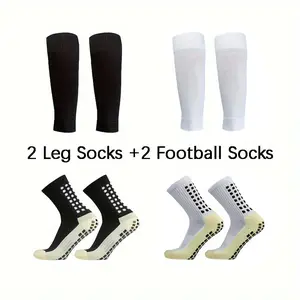 2 Set Grip Soccer Socks with Shin Guard Sleeves, Anti-Slip for Boys And Girls Football Basketball Training