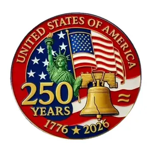 2-piece set of American 250th anniversary commemorative pins featuring the Statue of Liberty, the Stars and Stripes, and a golden bell