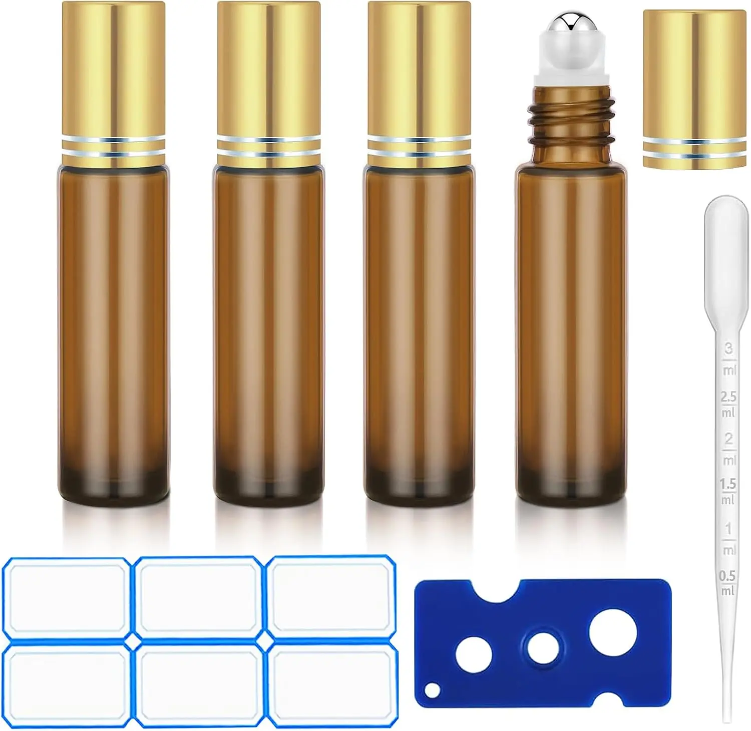 4 Pcs 0.34 Oz (10ml) Essential Oil Roller Bottles, Glass | Refillable for Travel, Perfume, Leak-proof Roll-on Bottles with Stainless Steel Roller Balls, Caps and Labels
