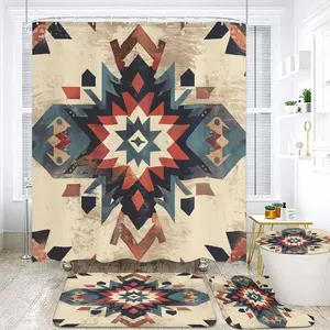 4-Piece Bathroom Set with Shower Curtain Bath Mat Contour Rug Toilet Lid Cover Native American Pattern