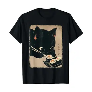 Kawaii Japanese Anime Cat Eating Sushi T-Shirt - 100% Cotton Short Sleeve Crew Neck Casual Tee with Mochi-like Sushi Roll & Chopsticks Print, Cute Kitten Face Design