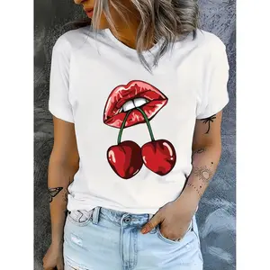1pc Women'S Casual Crew Neck T-Shirt with Red Lip and Cherry Print, Polyester Knit Fabric, Stretchy Short Sleeve Top for Spring/Summer/Fall