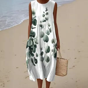 Women's Sleeveless Dress -- Eucalyptus Minimalist - Casual Summer Dresses Women Sleeveless Faux Linen Maxi Dress A-Line Sundress Breathable Fabric Polyester Womenswear