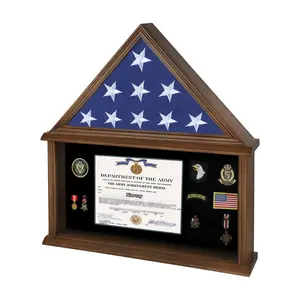 IHEIPYE Case American Flag Solid Wood Display Case Fits 5’ X 9.5’ Folded Flag Military Shadow Box with Tempered Glass and Certificate Holder Walnut Finish