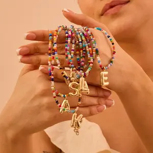 Jstyle Trendy vacuum 18k gold plated Colorful Letter Necklace for Women Bubble 26 Letter Necklace Handmade Beaded Necklace Dainty Cute Beach Boho Necklace