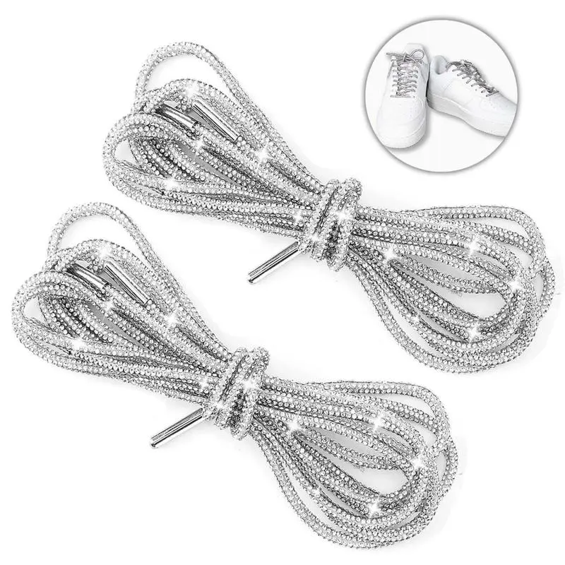 Women's Rhinestone Shiny Bling Shoelaces, 140 cm (55.12 in) Length, Durable Metal Lace Heads, Compatible with Casual Sneakers and White Footwear