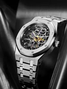 FEICE automatic hollow mechanical watch, men's business leisure watch, stainless steel large dial suitable for all occasions