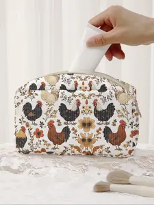 Chicken Pattern Plaid Makeup Bag, Colorful Lightweight Multi-Functional Casual Travel Handheld Cosmetic Pouch, Random Print Storage Bag