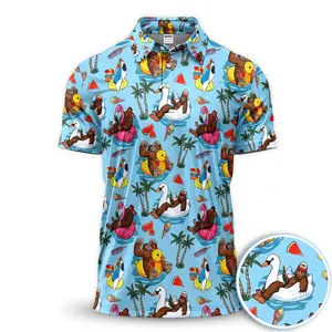 Bigfoot Pool Party Tropical Pattern Golf Polo Shirt for Men – Funny Sasquatch Float Summer Golf Shirt, Vacation Golfer Gift