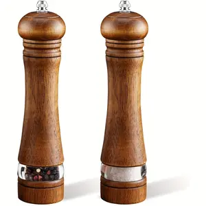 PrimPick 2-piece wooden salt and pepper grinder set, Salt Pepper Shakers, classic manual adjustable seasoning grinder with acrylic observation window and adjustable coariness - suitable for barbecues, picnics, camping, kitchen accessories, Christmas gifts