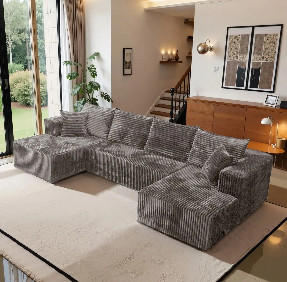 U-Shape Modular Sectional Corduroy Couch, Indoor Living Room Furniture Sofa