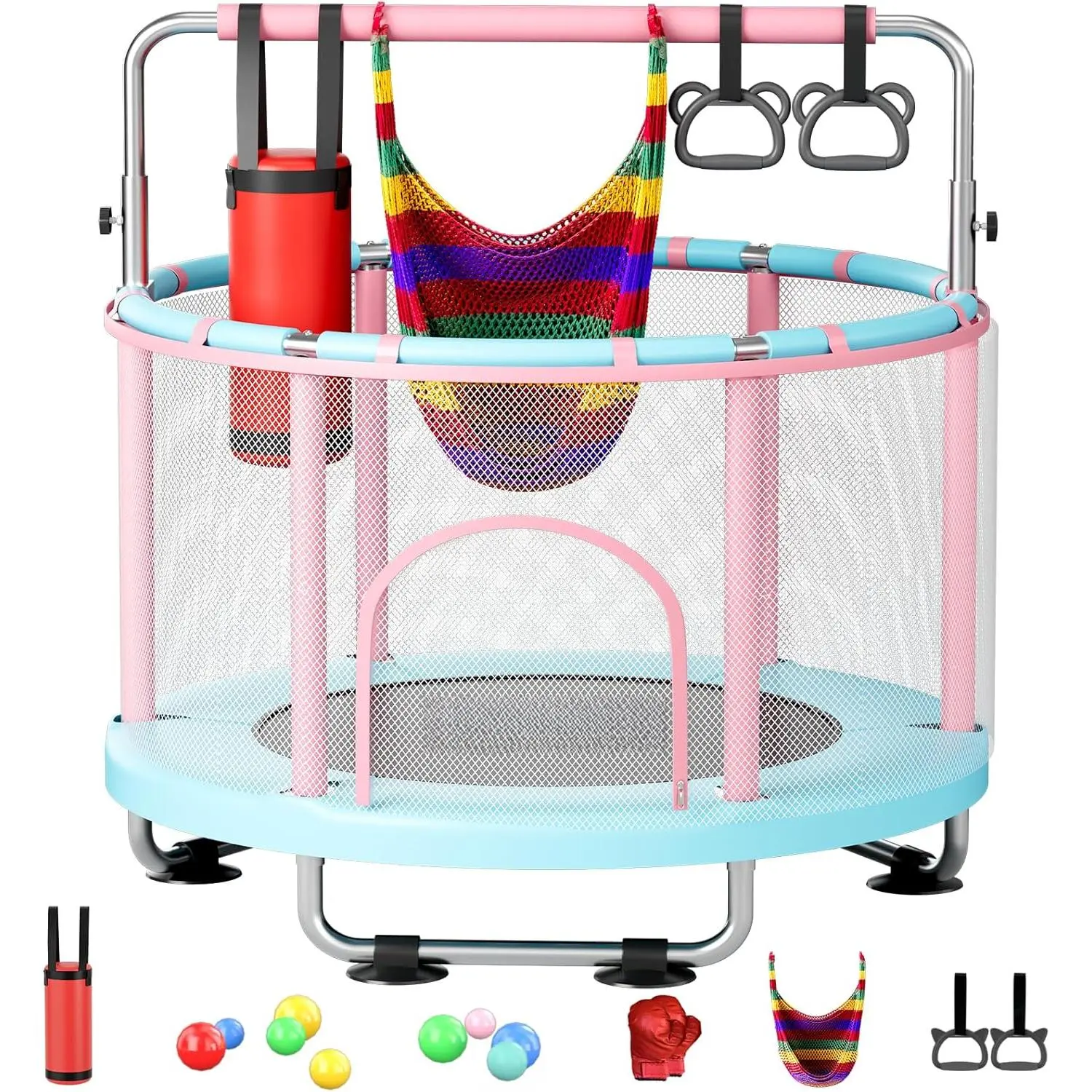 55-Inch Unisex Kids Mini Trampoline - 4-in-1 All Seasons Sports Play Set with Swing, Gymnastics Bar, Silicone Ball Set, 440 lbs Capacity, Playful Look, Toddler Gift for Other Kids Sports & Outdoor Play, Gift For Kids