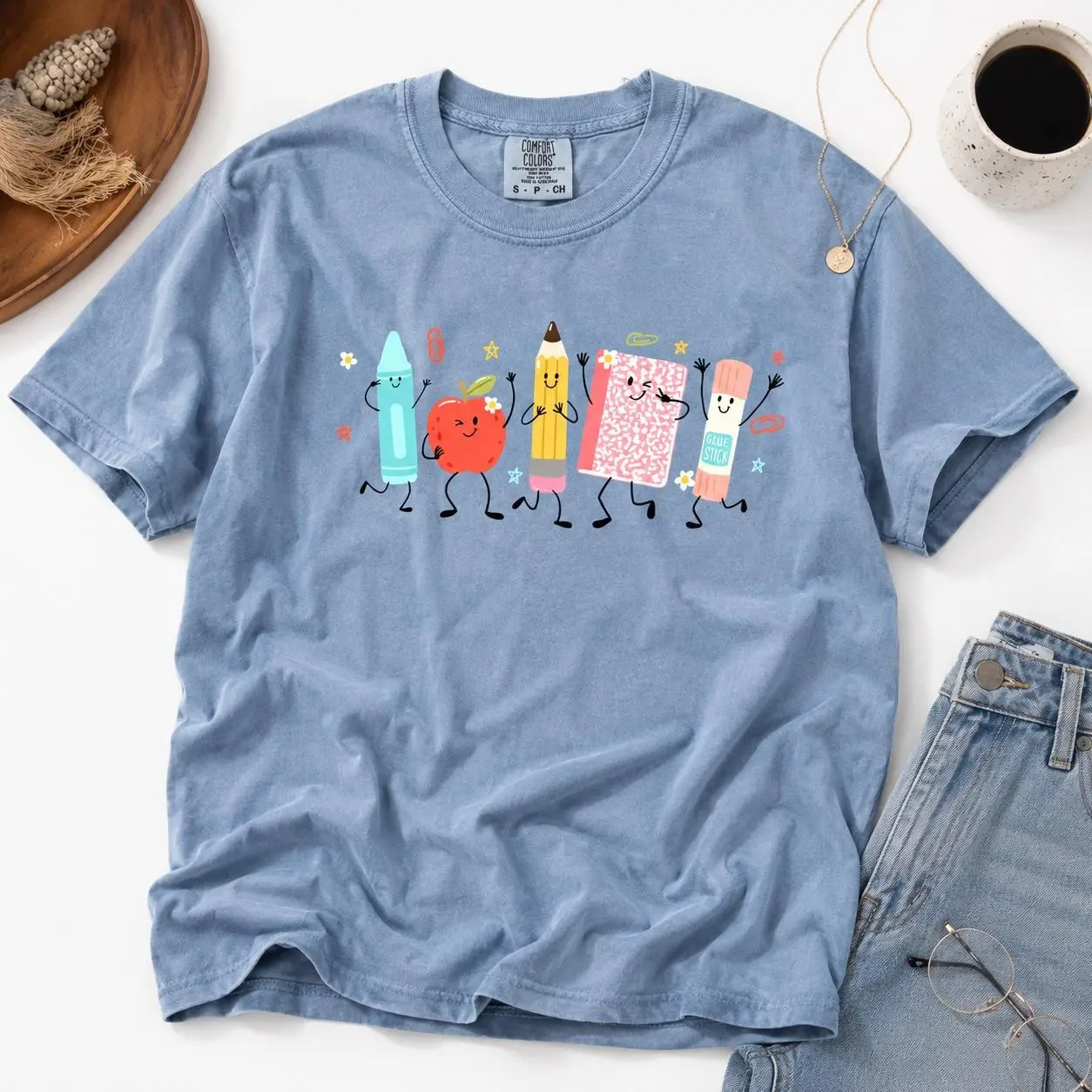 Comfort Colors Cute School Supplies T-Shirt, Back To School Teacher Shirt, Crayon Pencil Notebook Graphic Tee, Kindergarten Teacher Gift, Preschool Elementary Educator Apparel, Teacher Appreciation Present For Women & Men, Classroom Outfit