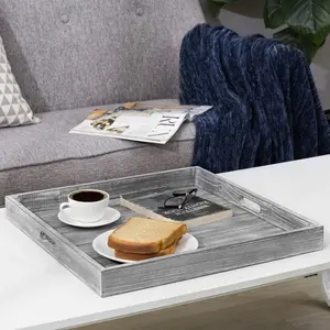 Gray Whitewashed 19-inch Large Wood Ottoman Serving Tray with Cutout Handles