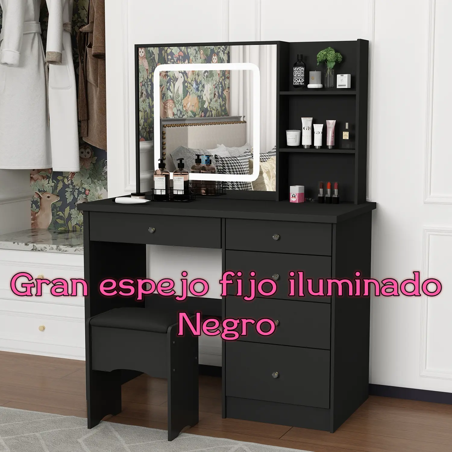 Large Lighted Fixed Mirror No Sliding / Black