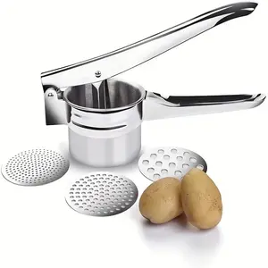 Stainless Steel Potato Masher - 3-in-1 Fruit Vegetable Press and Lemon Juicer - Manual Kitchen Tool for Puree and Draining, Kitchen Gadget, Fruit Presser, Kitchenware