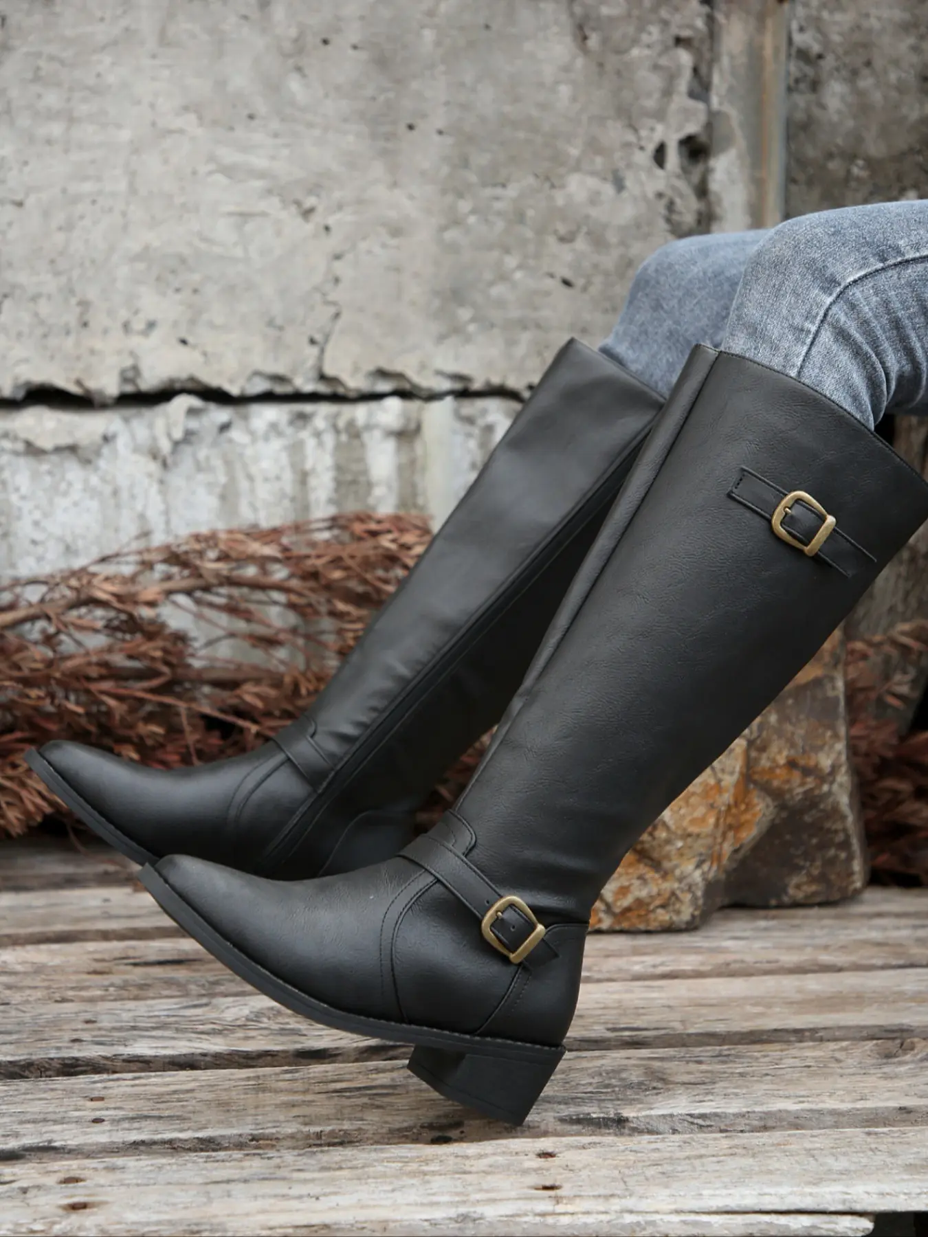 Women's Faux Leather Knee-High Boots, Side Zipper & Chunky Heel, Fall Winter Plus Size Shoes, Stylish and Comfortable