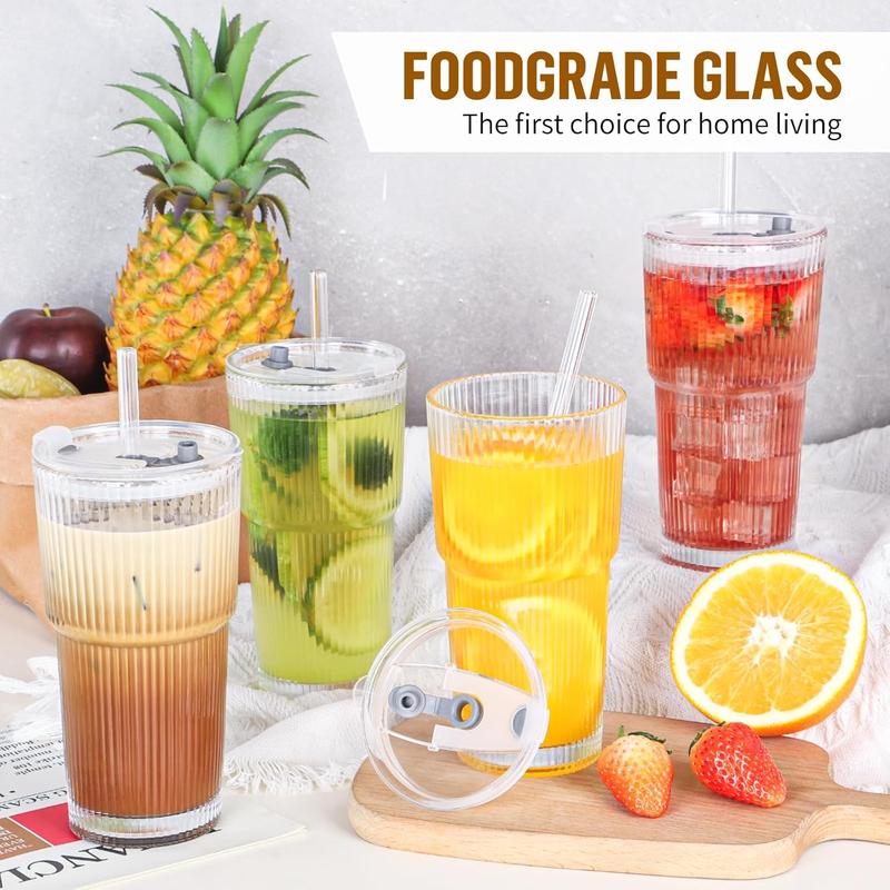 Ribbed Glass Cups with Lids and Straws | 6/8Pack 20oz Thickened Tumbler Set | Coffee, Smoothies, Cocktails & Juices