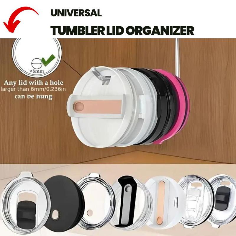 2 Pack Tumbler Lid Organizer, Space Saving Cup Lid Organizer for Yeti/Stanley/Simple Modern Tumbler Lids, Self-Adhesive or Drilling Tumbler Lid Hook for Kitchen Organizers and Storage