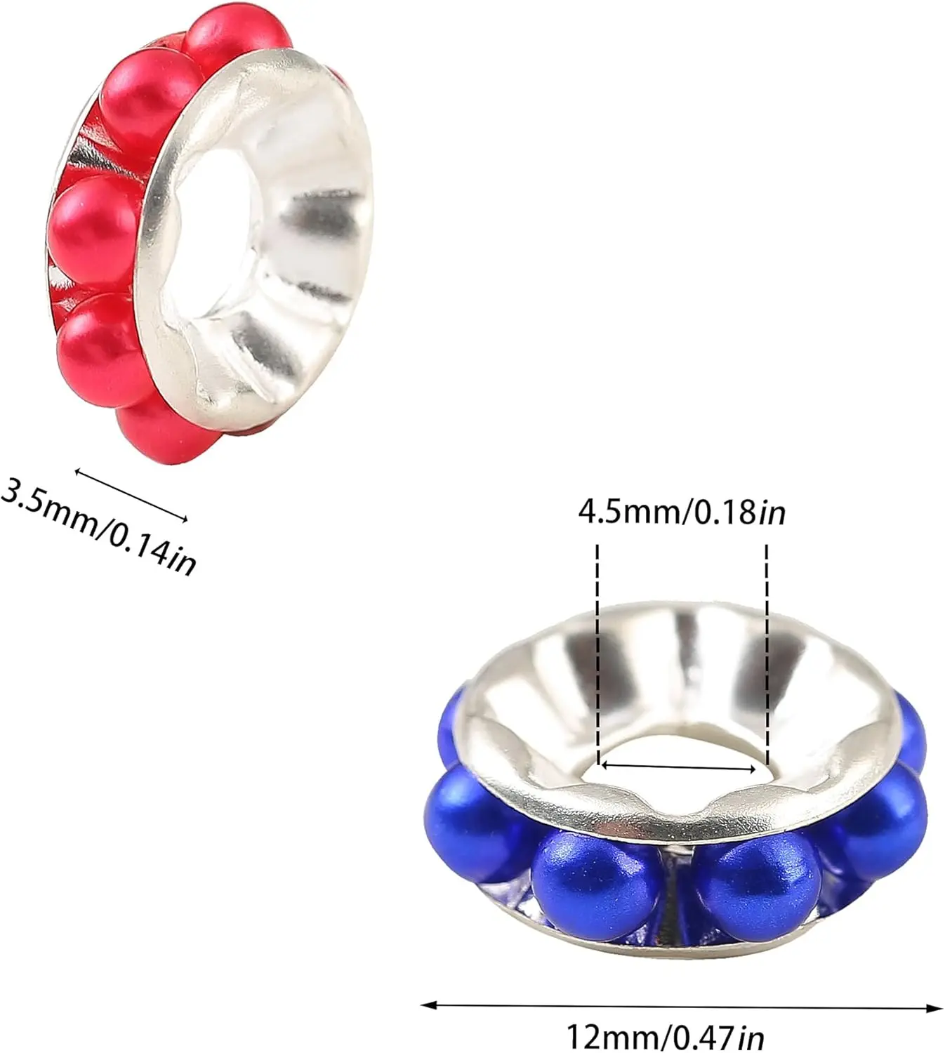 200PCS Large Hole Faux Mix Color Pearl Inlaid Rondelle Beads 12mm Spacers| Upnedo Imitation Colorful Pearl Silver Plated Brass Beads for Bracelets Necklace Keychain Beadable Pen DIY
