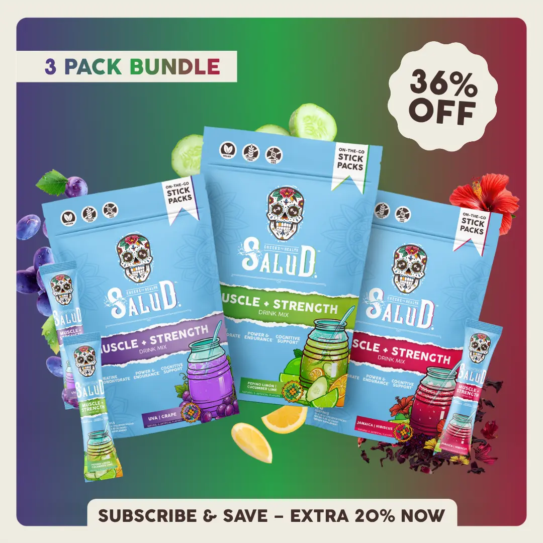 Salud 2-in-1 [Muscle + Strength - Trio] Daily Performance Drink Mix, Post Workout Recovery, Strength, Power, Endurance & Cognitive Support, 5g Creatine Monohydrate + 50mg Senactiv, 0g Sugar, Sports Nutrition (3-Pack, 45 Servings)