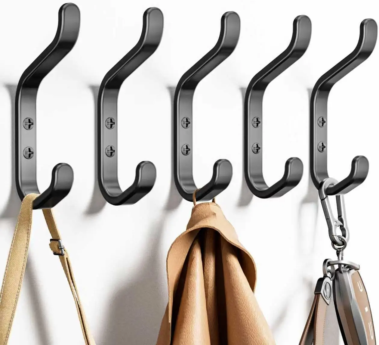 5-Pack Durable Wall-Mounted Double Coat Hooks, Home Organiser for Backpacks, Bags, Towels, Holds Up to 22Lbs, Ideal for Closet, Entryway, Bathroom