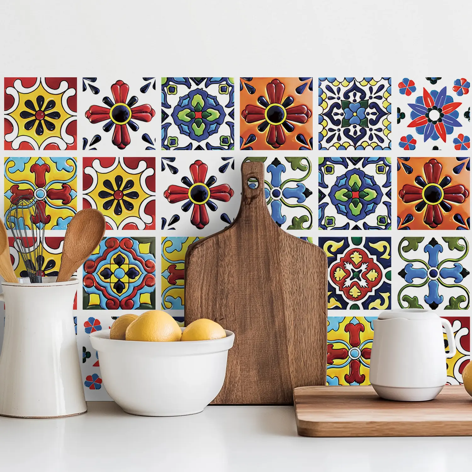 Mediterranean Style PVC Decoration Stickers Set - 22-Piece 4x4 in Self-Adhesive Waterproof Watercolour Graphic Tiles Stickers, Patchwork Decor for Kitchen Bath Home Decor