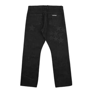 Men's Black Washed Raw Denim Streetwear Jeans with Chrome Hearts Leather Star Patch, Menswear Bottoms
