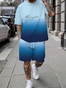 Men's Spring and Summer Casual Short-Sleeve Set, Gradient 'Height' Letter Print Trendy Fashion Short-Sleeve Set, Vacation-Style Trendy Outfit, Breathable Sporty Casual Style, Perfect Gift for Men on Festivals