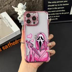 Pink Ghostface Horror Love Pattern Printed Case for iPhone 17/16 Pro Max 15 Pro 14 13 12 Mini 11 XR XS Plus E Soft TPU Shockproof Protection Rugged Durable Back Silicone Cover Best Festival Gift