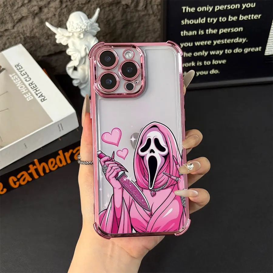 Pink Ghostface Horror Love Pattern Printed Case for iPhone 17/16 Pro Max 15 Pro 14 13 12 Mini 11 XR XS Plus E Soft TPU Shockproof Protection Rugged Durable Back Silicone Cover Best Festival Gift