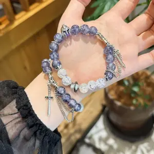 Mythic Purple Crystal Beaded Bracelet Set - Warrior Helmet & Sword Charms, Celestial-Inspired Jewelry for Fantasy Lovers