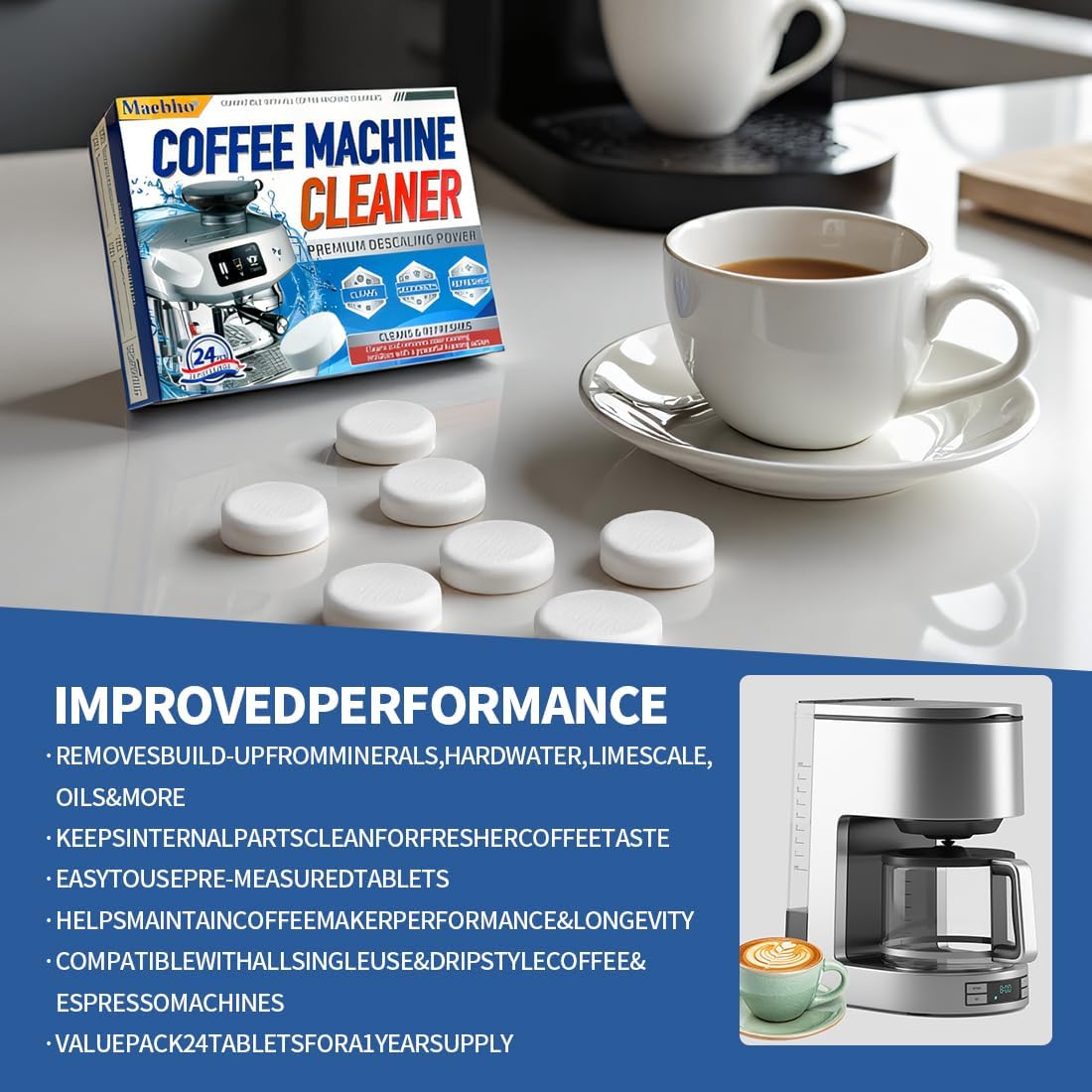 [buy 2 get 1 free] Coffee Machine Cleaner Descaler Tablets - 24 Pack, Deep Cleaning and Descaling for All Coffee Makers , Coffee Maker Pot Descaling & Cleaning Tabs, Descale Drip Coffe And Espresso Machines clean concentrate
