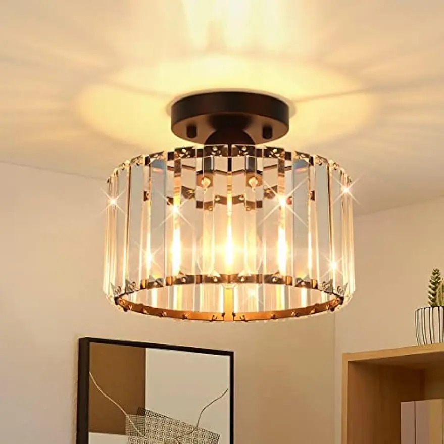 Dimmable Semi Flush Mount Ceiling Light Fixture - 8.75x4.25x7in Metal + Crystal Low Ceiling Space Saver, Black Metal Cage, E26 Base, for Farmhouse Kitchen, Bedroom Decor (Crystal-Shaped, Decorative, Elegant, Industrial Pendant Lights Alternative), Crystal