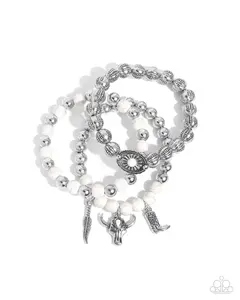 Western Wardrobe - White Stone Silver Bull Cowboy Boot Charm Stretchy Bracelet Stack - Paparazzi