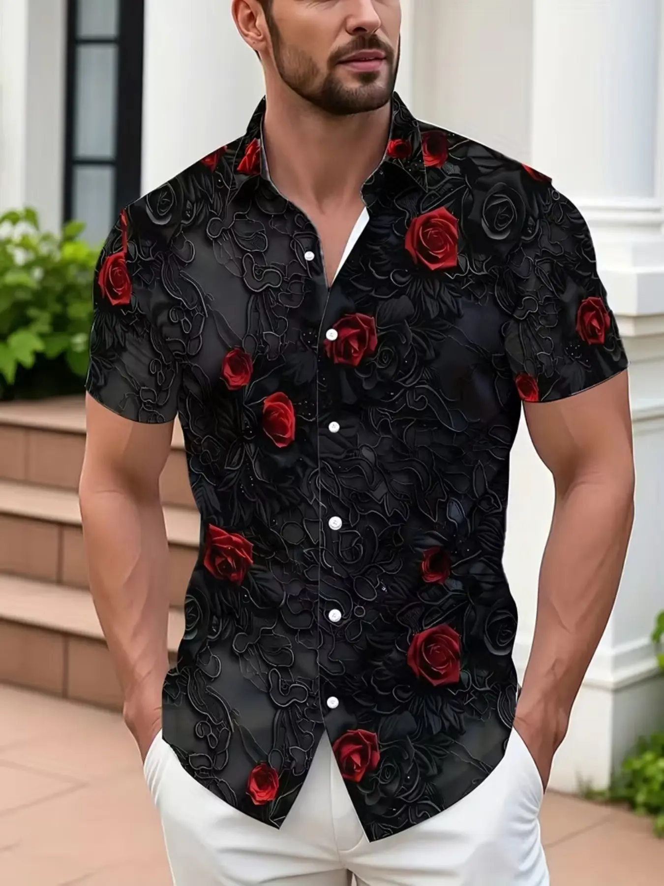 Men's Rose Flower Floral 3D Printed Short Sleeve Hawaiian Shirt, Tropical, Polyester Fiber, Summer Vacation and Casual Wear, Slim Fit Blouse