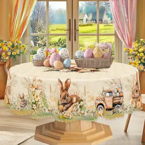 Easter Bunny Floral Tablecloth Spring Farmhouse Table Cover Holiday Dining Room Decoration Washable Polyester Tablecloth