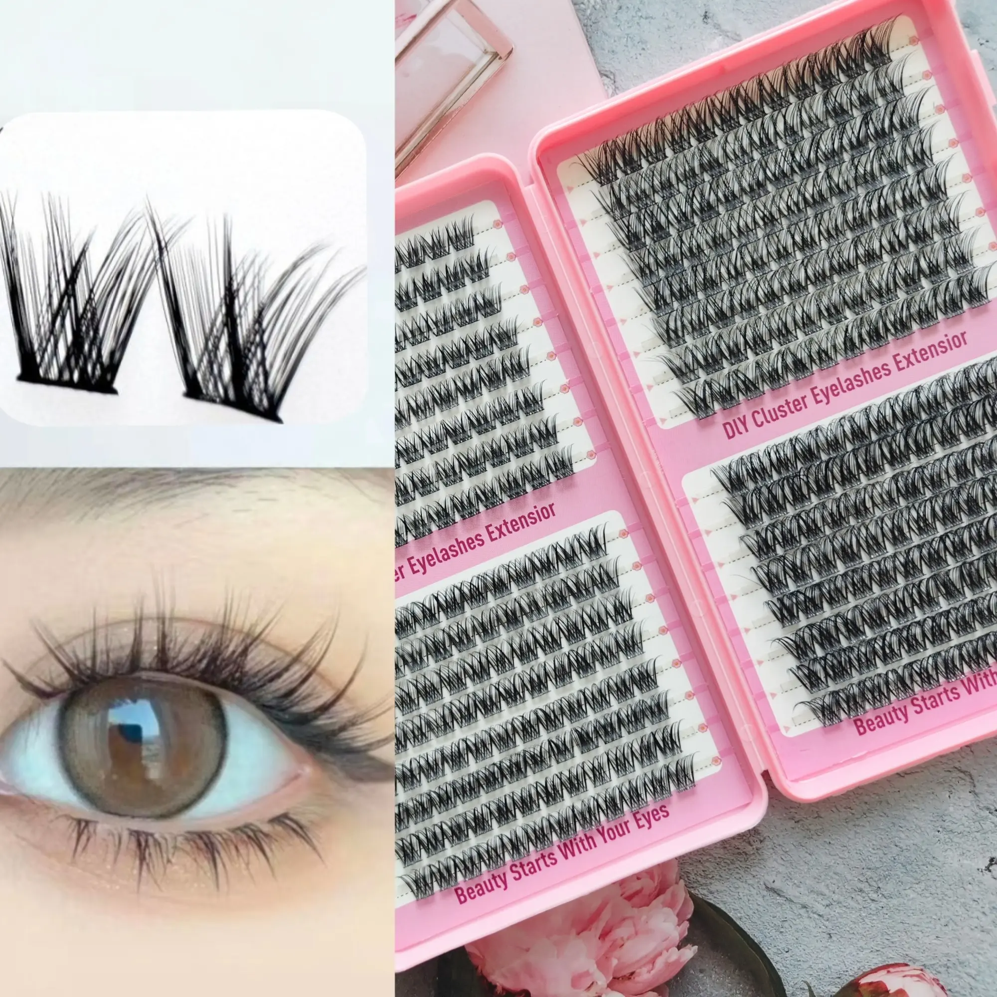 Naturally Fluffy Lightweight Glue-on False Eyelashes, D Curl, 384 Soft Cluster Segmented Style Thickness: 0.07mm, Length: 10–16mm Ideal for daily commuting, no-makeup makeup look, beginner-friendly