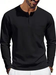 Men's Vintage-Style Classic Loose Fit Long Sleeve Henley T-Shirt, Lightweight Stretch Fabric for Spring & Fall, Comfortable Casual Wear