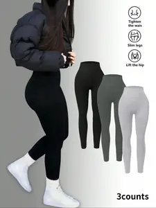 Women's Solid High Waist Thermal-Lined Leggings, Casual Comfy High-Stretch Skinny Pants for Daily Wear, Ladies Bottoms for All Seasons